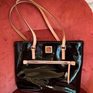 Dooney & Bourke patent leather tote with brown leather straps